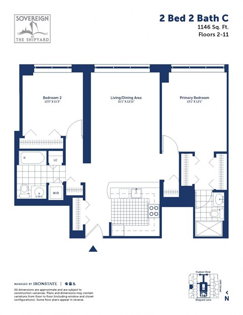 Floor plan for 2 beds, 2 baths, 1146 sqft